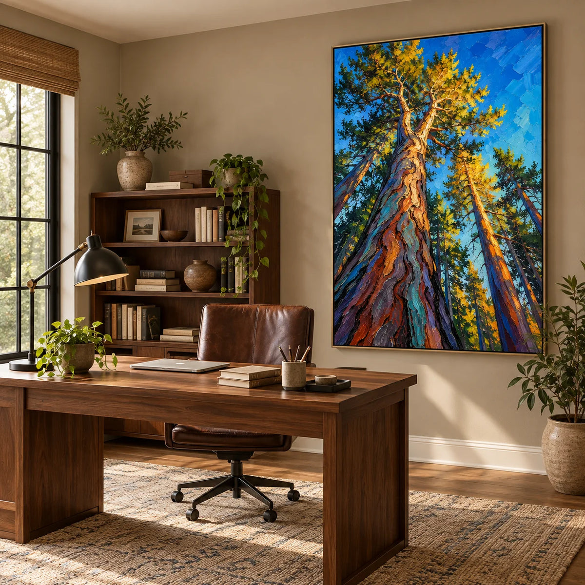 Towering Pine Forest Oil Painting, Hand Painted Textured Woodland Landscape Wall Art with Blue Sky and Golden Sunlight | Ownanart