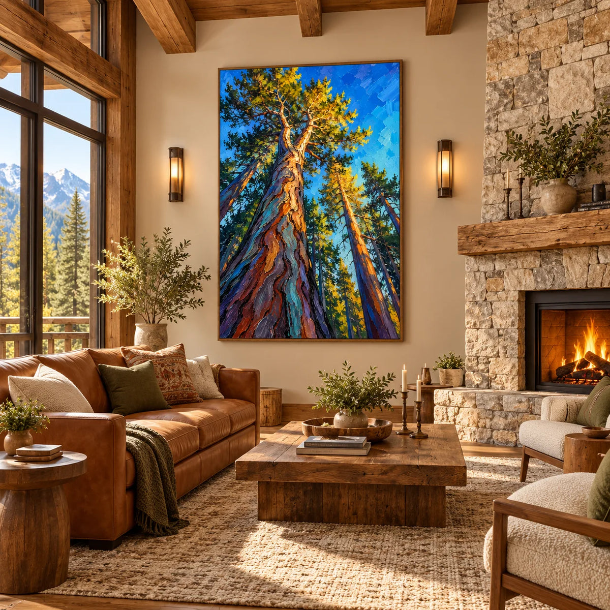 Towering Pine Forest Oil Painting, Hand Painted Textured Woodland Landscape Wall Art with Blue Sky and Golden Sunlight | Ownanart