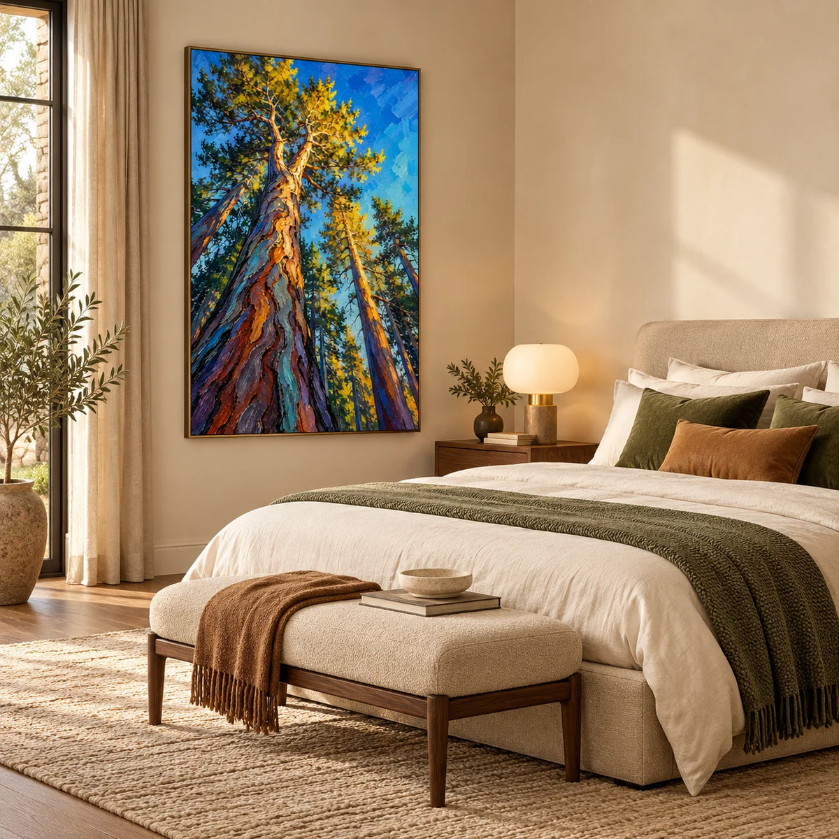 Towering Pine Forest Oil Painting, Hand Painted Textured Woodland Landscape Wall Art with Blue Sky and Golden Sunlight | Ownanart