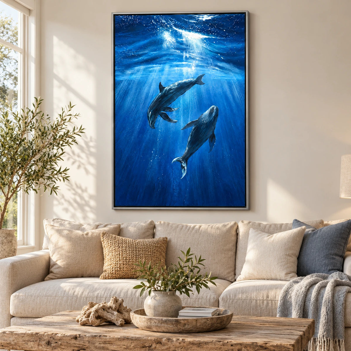 Two Dolphins Underwater Oil Painting | Blue Ocean Sunrays and Swimming Marine Animals Vertical Wall Art #OA 1715