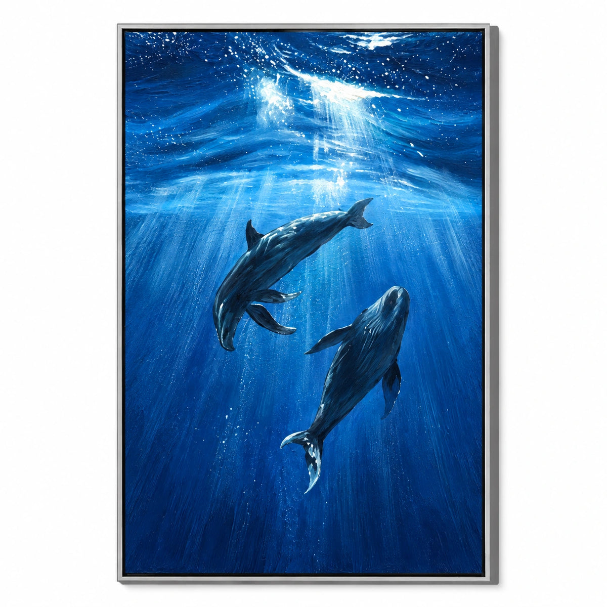 Two Dolphins Underwater Oil Painting | Blue Ocean Sunrays and Swimming Marine Animals Vertical Wall Art #OA 1715