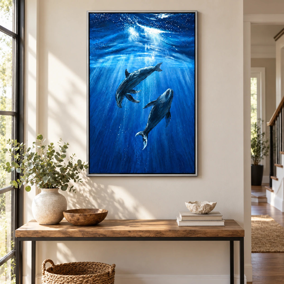 Two Dolphins Underwater Oil Painting | Blue Ocean Sunrays and Swimming Marine Animals Vertical Wall Art #OA 1715
