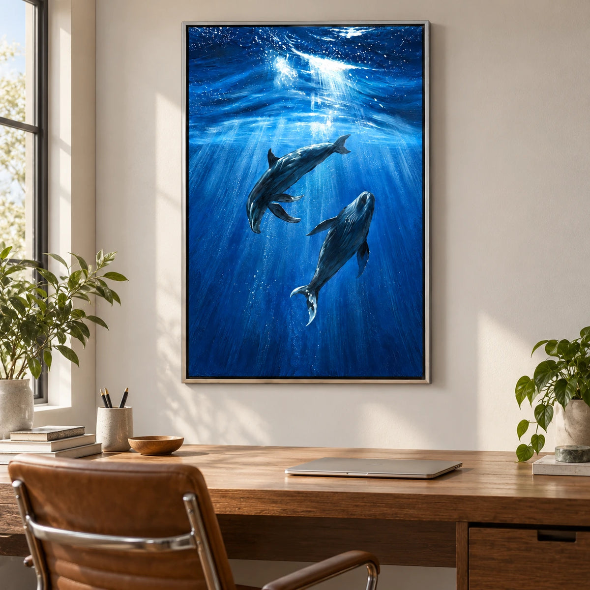 Two Dolphins Underwater Oil Painting | Blue Ocean Sunrays and Swimming Marine Animals Vertical Wall Art #OA 1715