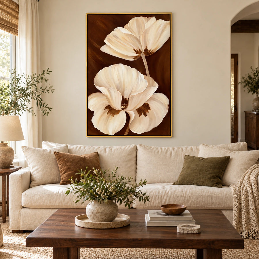 Two Ivory Flowers on Brown Oil Painting | Large Cream Petals Gold Frame Vertical Botanical Wall Art #OA 1750