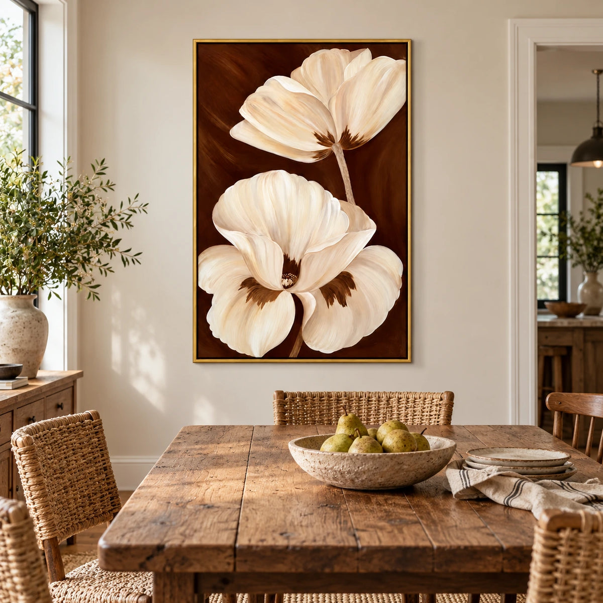 Two Ivory Flowers on Brown Oil Painting | Large Cream Petals Gold Frame Vertical Botanical Wall Art OA 1750