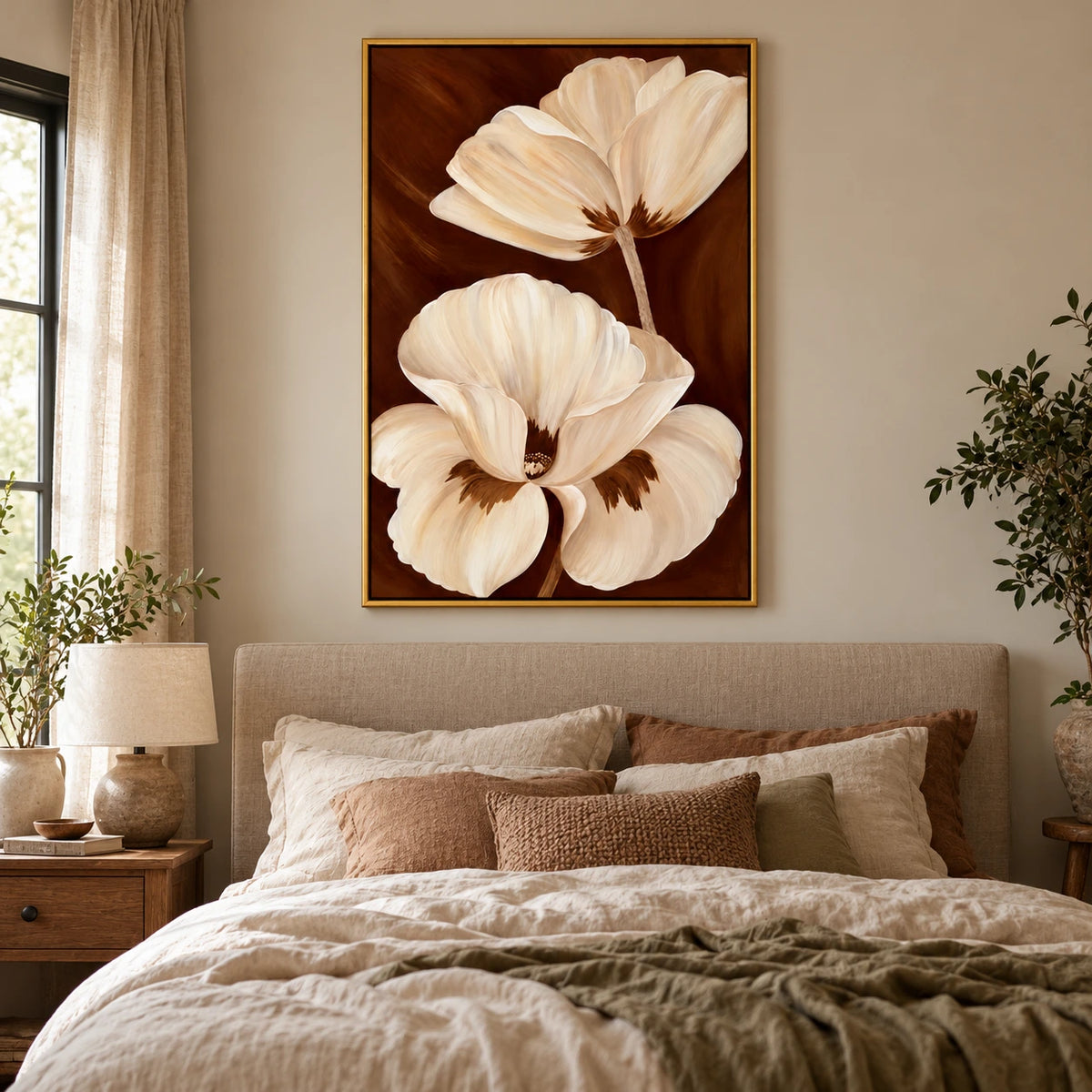 Two Ivory Flowers on Brown Oil Painting | Large Cream Petals Gold Frame Vertical Botanical Wall Art OA 1750