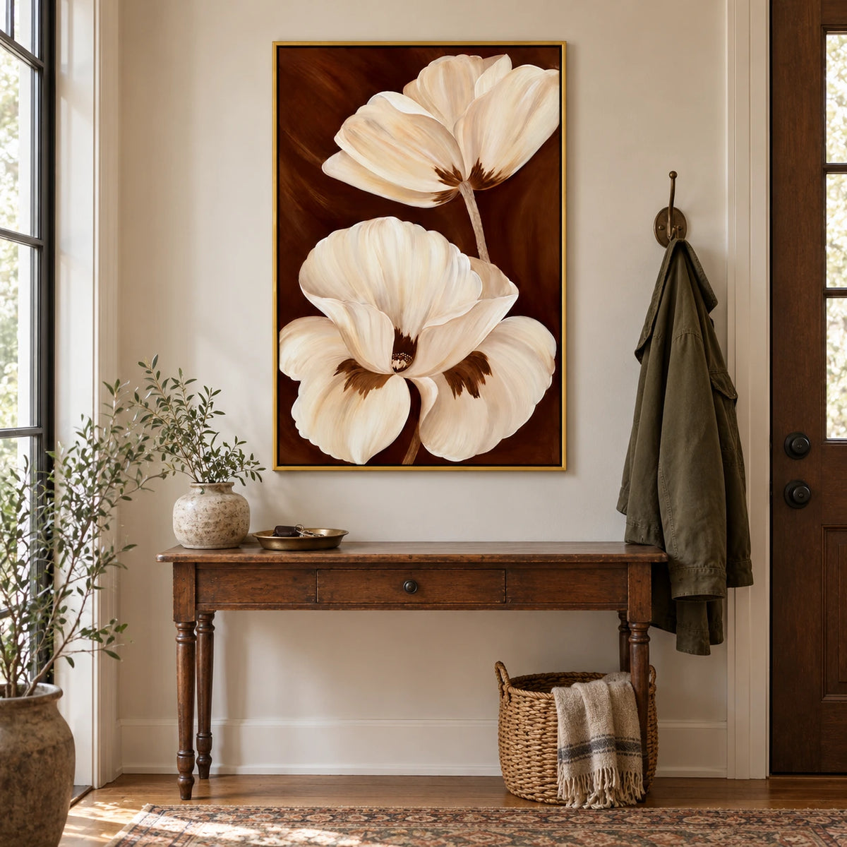 Two Ivory Flowers on Brown Oil Painting | Large Cream Petals Gold Frame Vertical Botanical Wall Art OA 1750