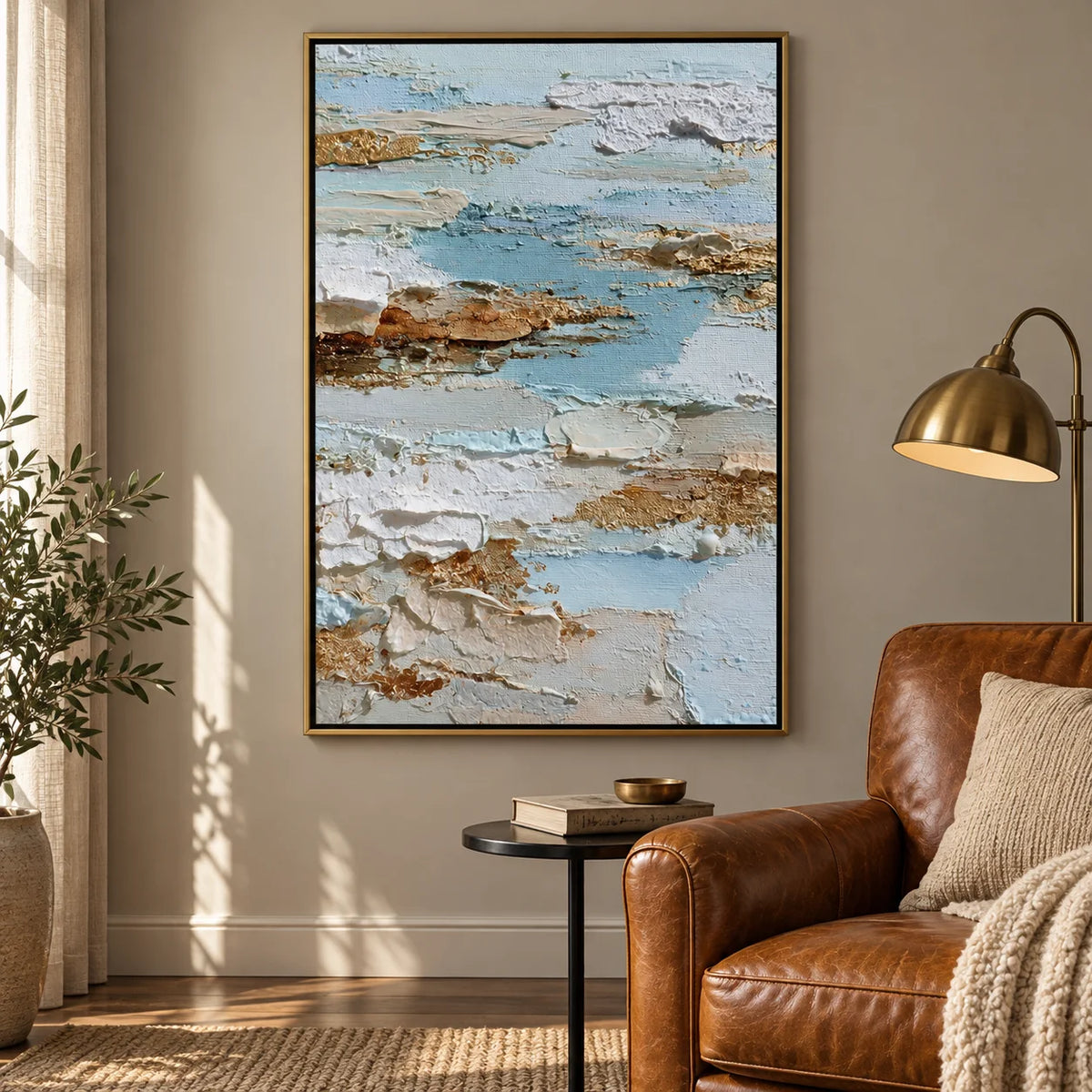 Vertical Abstract Coastal Canvas Wall Art – Light Blue & Neutral Texture Seascape Painting for Modern Home Decor