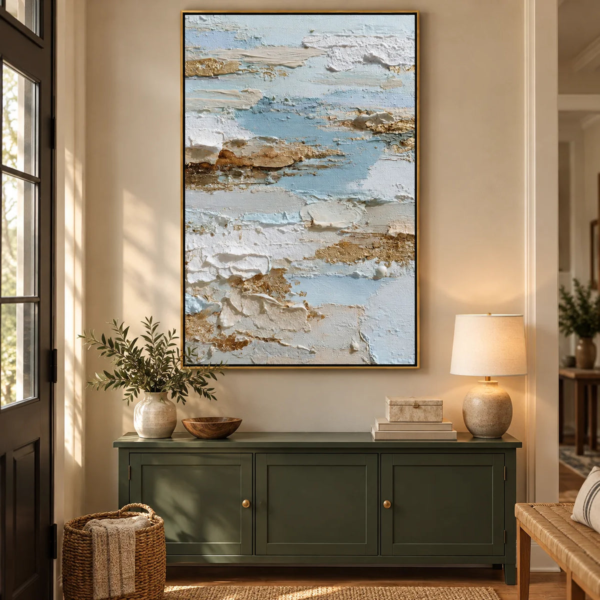 Vertical Abstract Coastal Canvas Wall Art – Light Blue & Neutral Texture Seascape Painting for Modern Home Decor