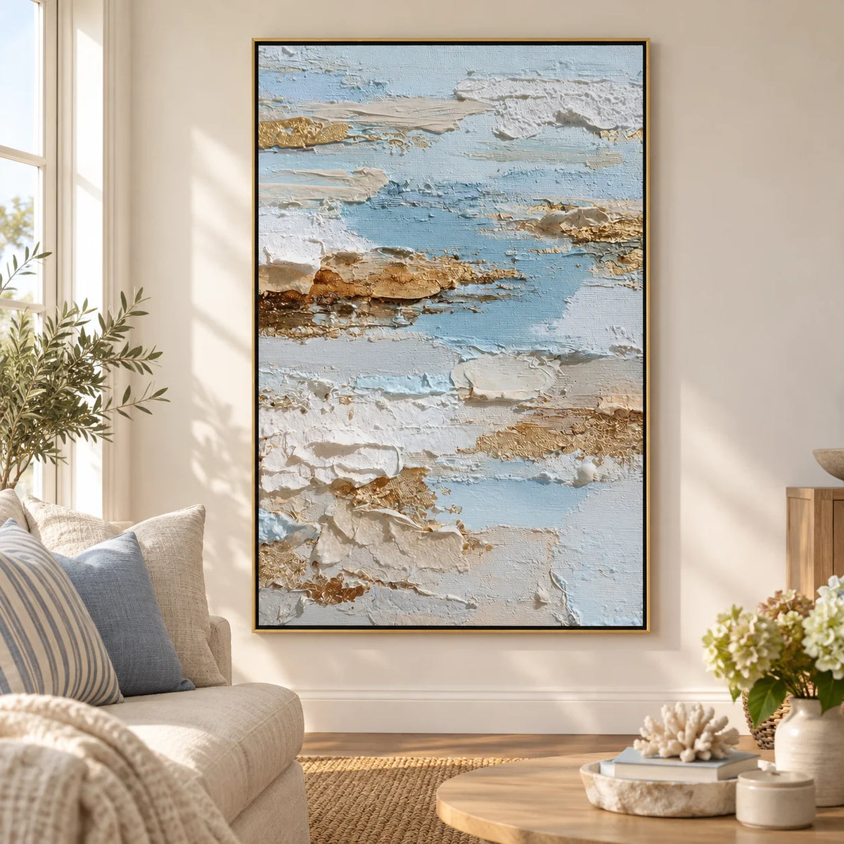 Vertical Abstract Coastal Canvas Wall Art – Light Blue & Neutral Texture Seascape Painting for Modern Home Decor