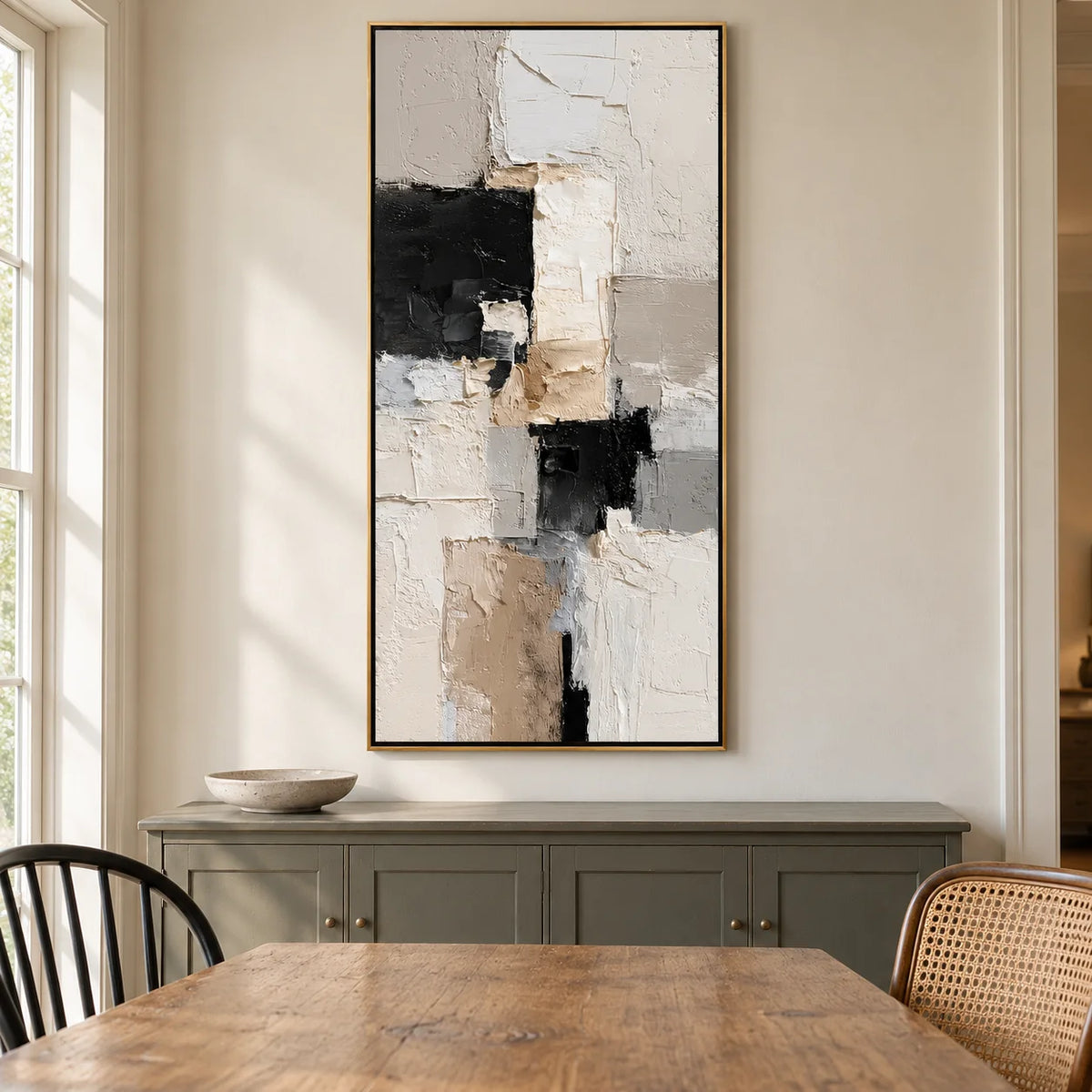 Vertical Neutral Abstract Canvas Wall Art – Textured Black White Beige Minimalist Painting for Modern Home Decor