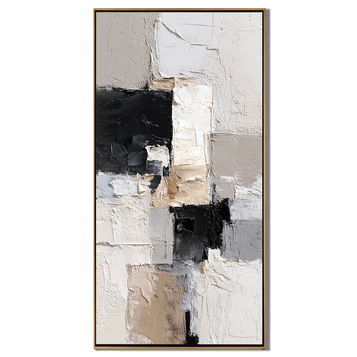 Vertical Neutral Abstract Canvas Wall Art – Textured Black White Beige Minimalist Painting for Modern Home Decor