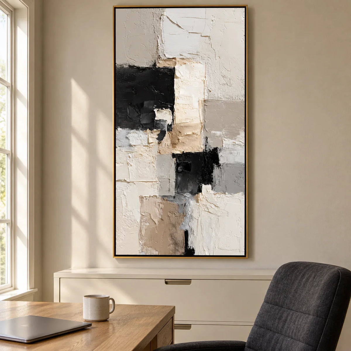 Vertical Neutral Abstract Canvas Wall Art – Textured Black White Beige Minimalist Painting for Modern Home Decor