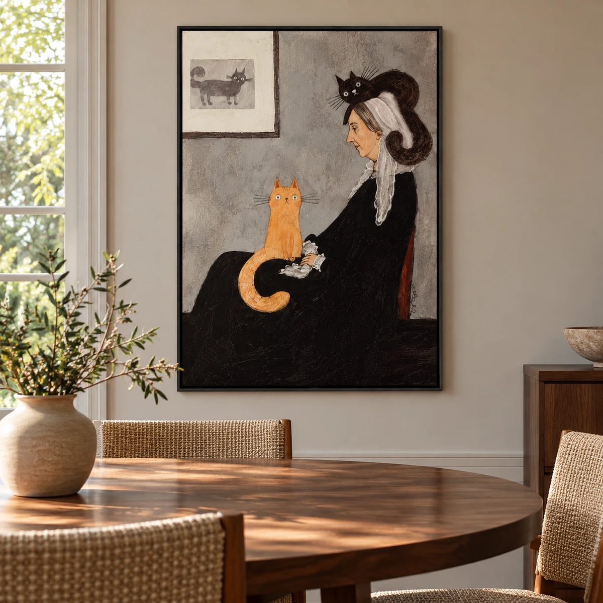 Victorian Woman with Orange and Black Cats Oil Painting | Whimsical Folk Portrait Wall Art #OA 1628