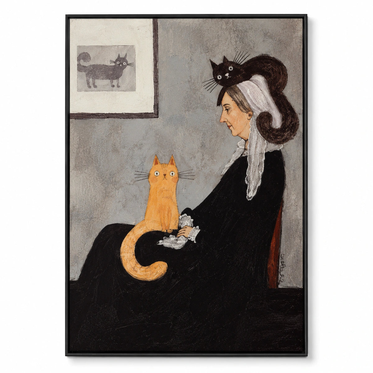 Victorian Woman with Orange and Black Cats Oil Painting | Whimsical Folk Portrait Wall Art #OA 1628