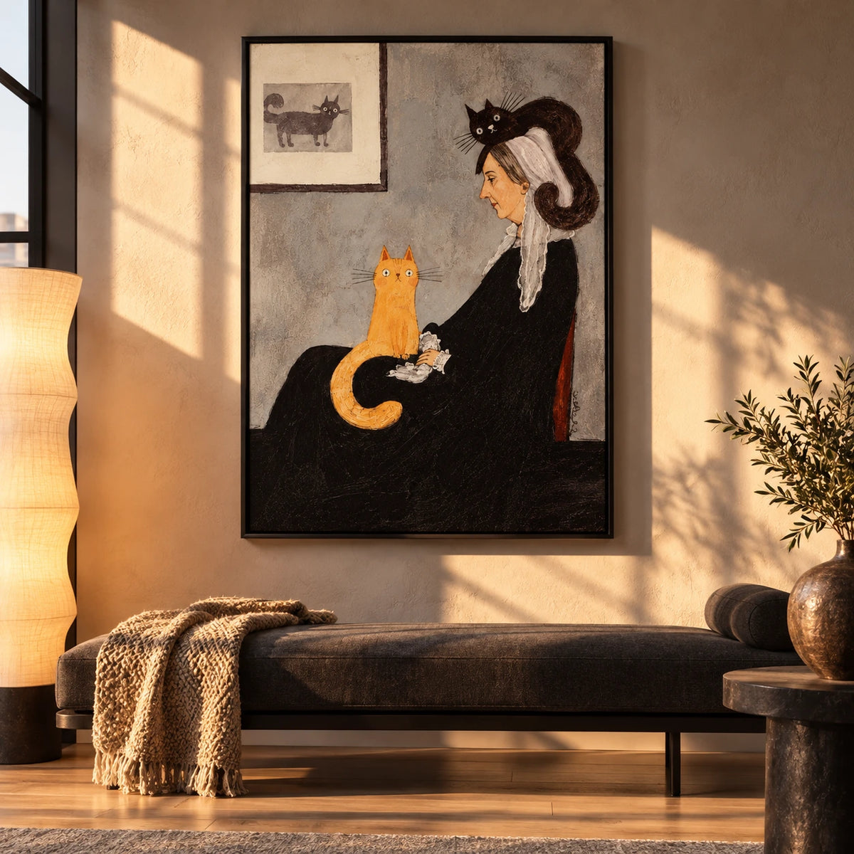 Victorian Woman with Orange and Black Cats Oil Painting | Whimsical Folk Portrait Wall Art #OA 1628