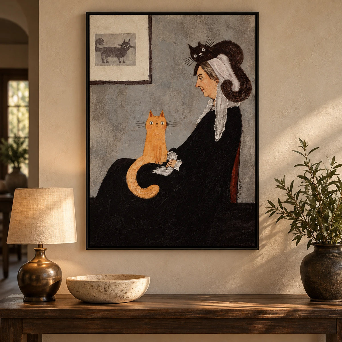 Victorian Woman with Orange and Black Cats Oil Painting | Whimsical Folk Portrait Wall Art #OA 1628