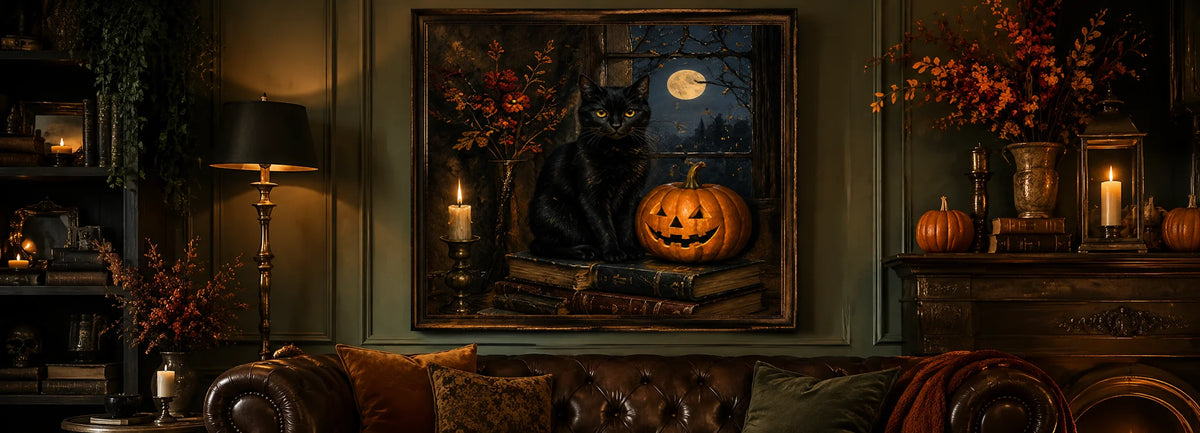 Large vintage-style Halloween oil painting featuring a black cat, glowing jack-o’-lantern, full moon, candles and antique books, displayed above a brown leather sofa in a dark gothic living room.