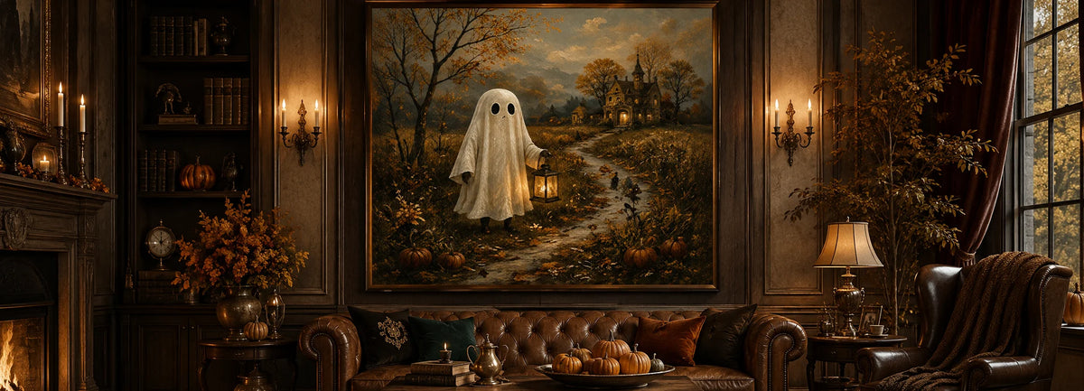Large vintage Halloween oil painting featuring a white ghost holding a glowing lantern on an autumn path leading to a haunted Victorian house, displayed above a brown leather sofa in a dark gothic living room.