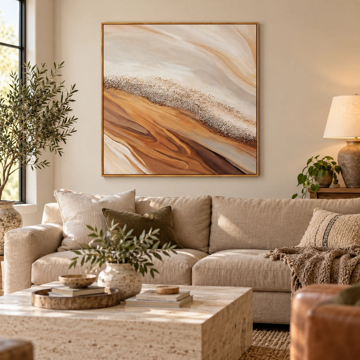 Warm Beige Shoreline Oil Painting | Brown Flowing Sand and White Pebbl