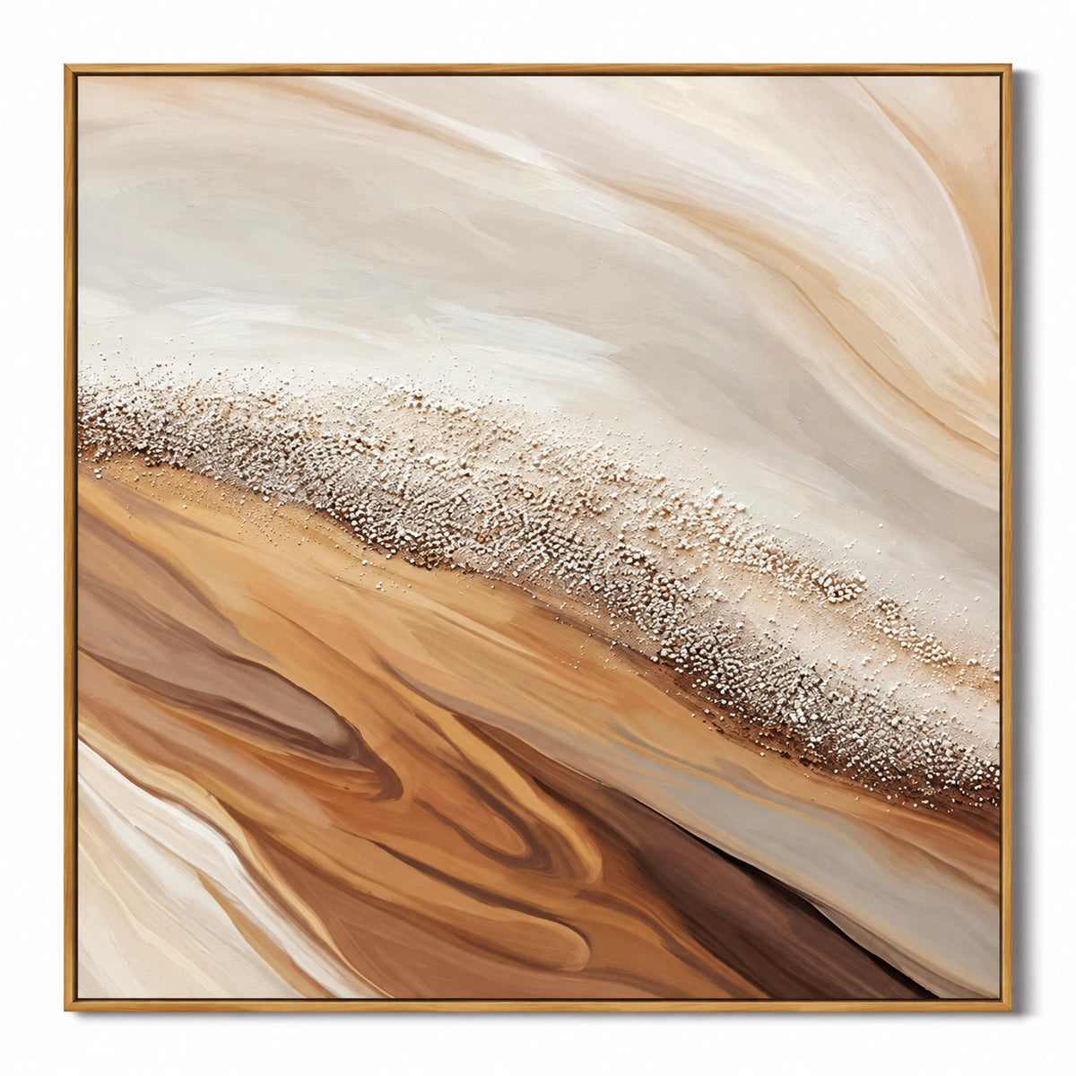 Warm Beige Shoreline Oil Painting | Brown Flowing Sand and White Pebble Texture Square Coastal Abstract Wall Art OA 1769