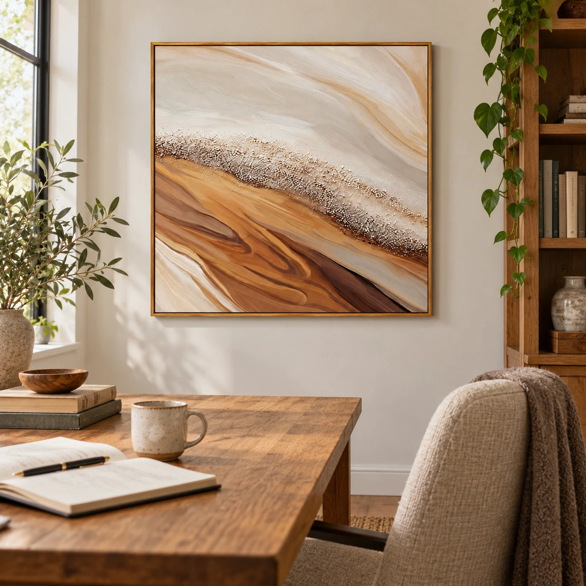 Warm Beige Shoreline Oil Painting | Brown Flowing Sand and White Pebble Texture Square Coastal Abstract Wall Art OA 1769
