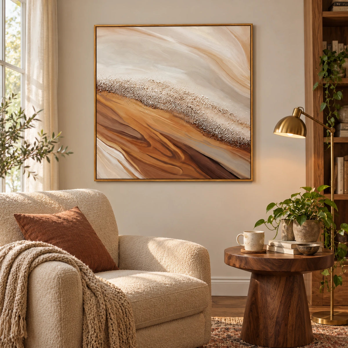 Warm Beige Shoreline Oil Painting | Brown Flowing Sand and White Pebble Texture Square Coastal Abstract Wall Art OA 1769