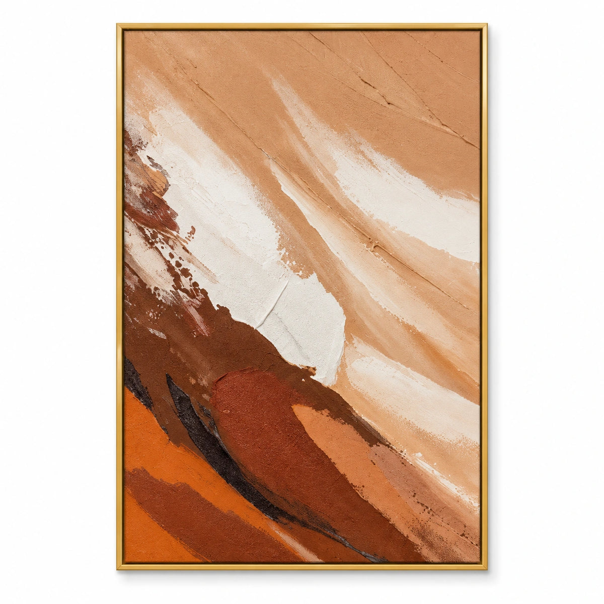 Warm Earth Tone Abstract Oil Painting | Peach Cream Rust Brown and Black Diagonal Brushwork Vertical Wall Art #OA 1721