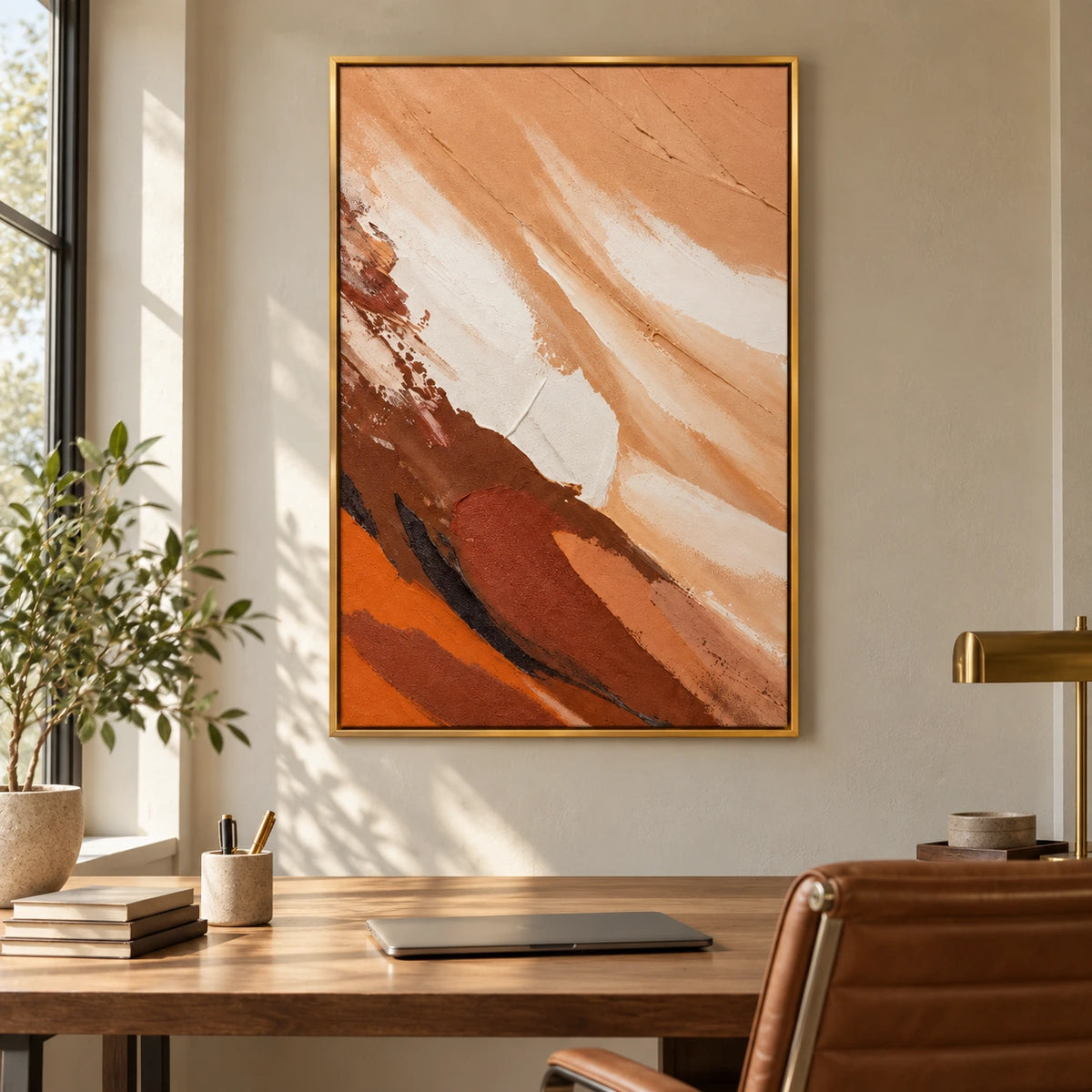 Warm Earth Tone Abstract Oil Painting | Peach Cream Rust Brown and Black Diagonal Brushwork Vertical Wall Art #OA 1721