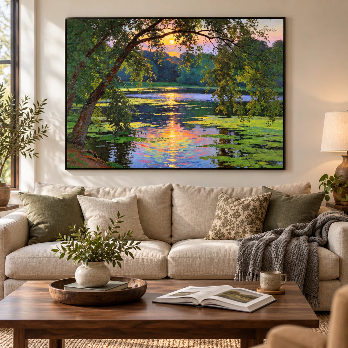 Water Lily Pond at Sunset Oil Painting | Overhanging Trees and Colorful Reflections Horizontal Landscape Wall Art #OA 1825