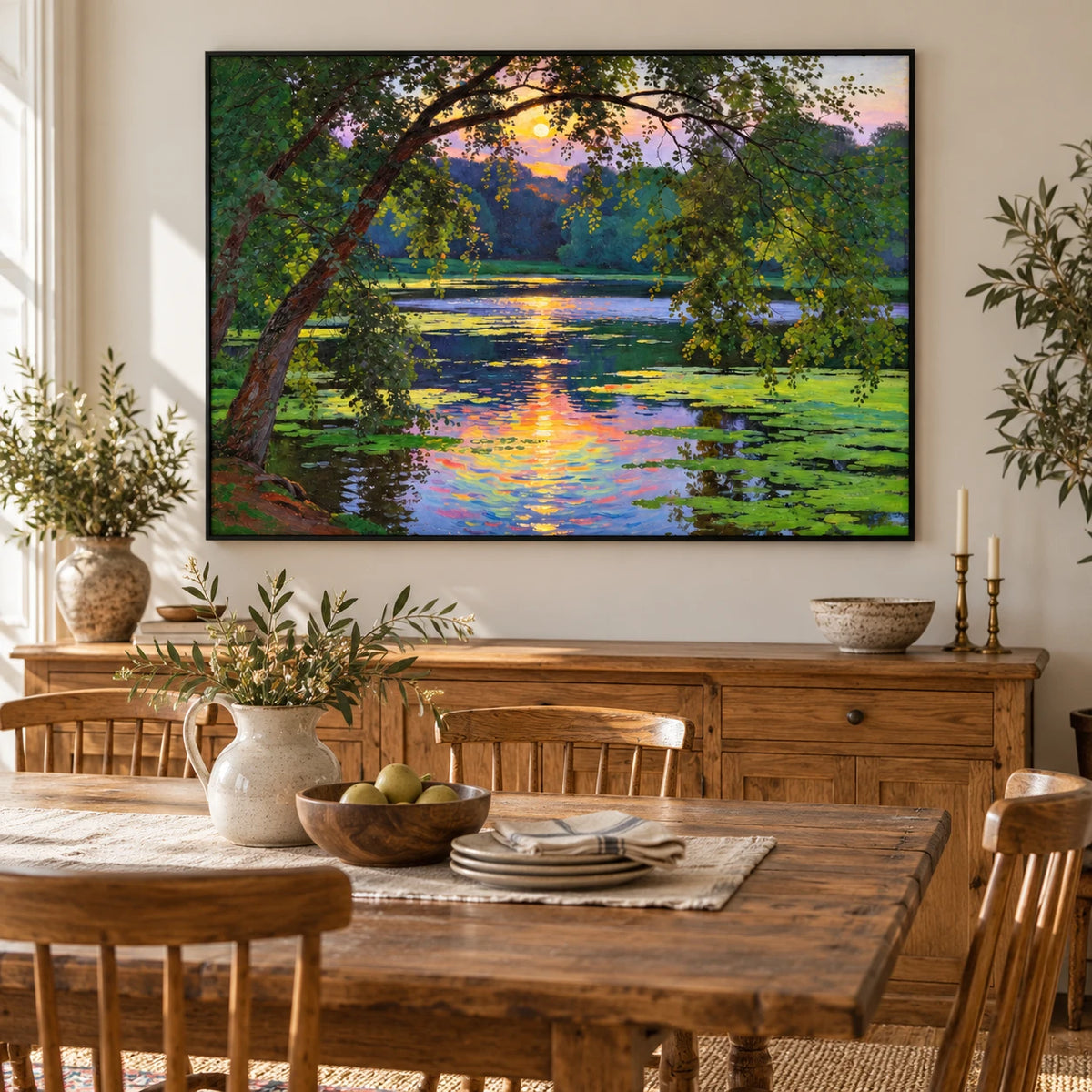Water Lily Pond at Sunset Oil Painting | Overhanging Trees and Colorful Reflections Horizontal Landscape Wall Art #OA 1825