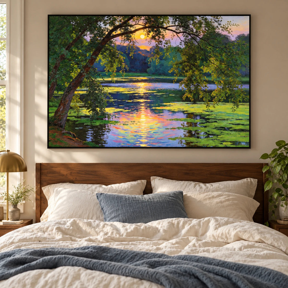 Water Lily Pond at Sunset Oil Painting | Overhanging Trees and Colorful Reflections Horizontal Landscape Wall Art #OA 1825