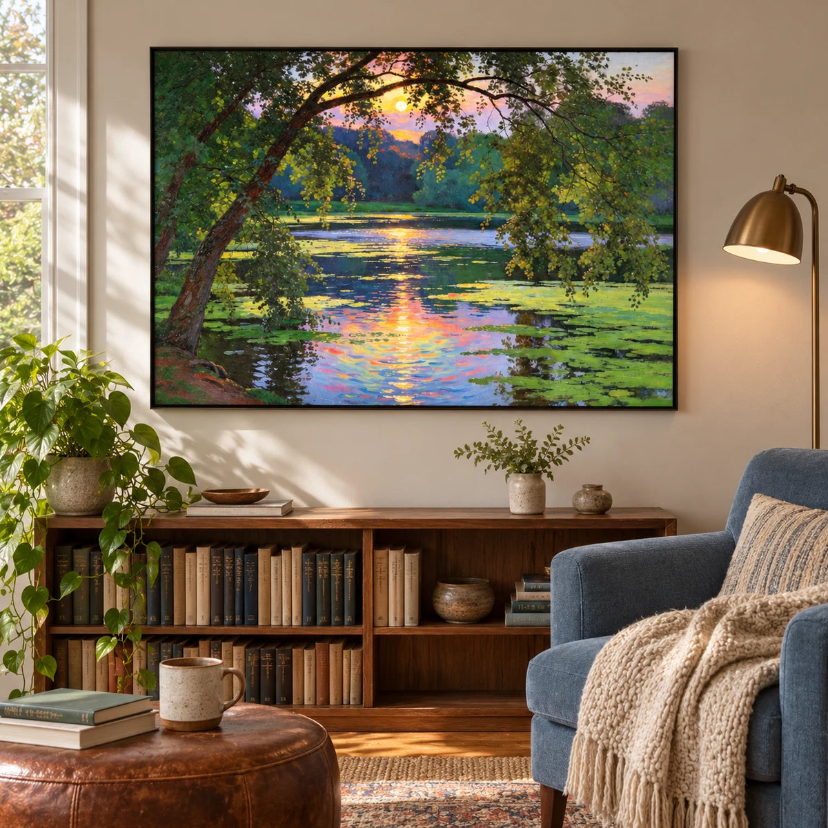 Water Lily Pond at Sunset Oil Painting | Overhanging Trees and Colorful Reflections Horizontal Landscape Wall Art #OA 1825
