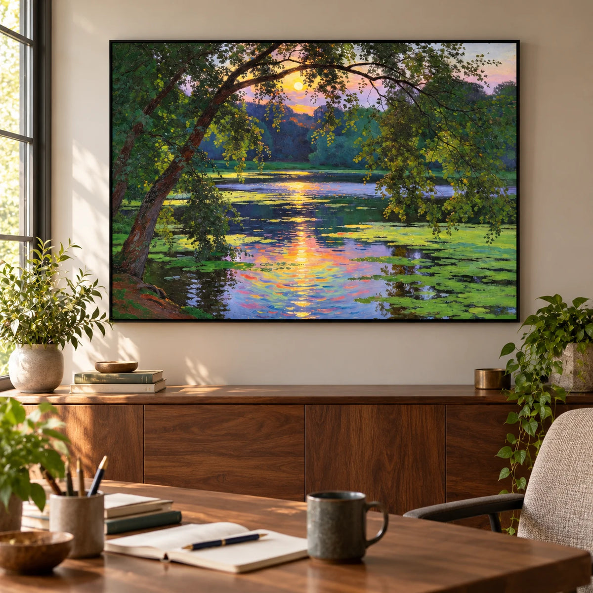 Water Lily Pond at Sunset Oil Painting | Overhanging Trees and Colorful Reflections Horizontal Landscape Wall Art #OA 1825