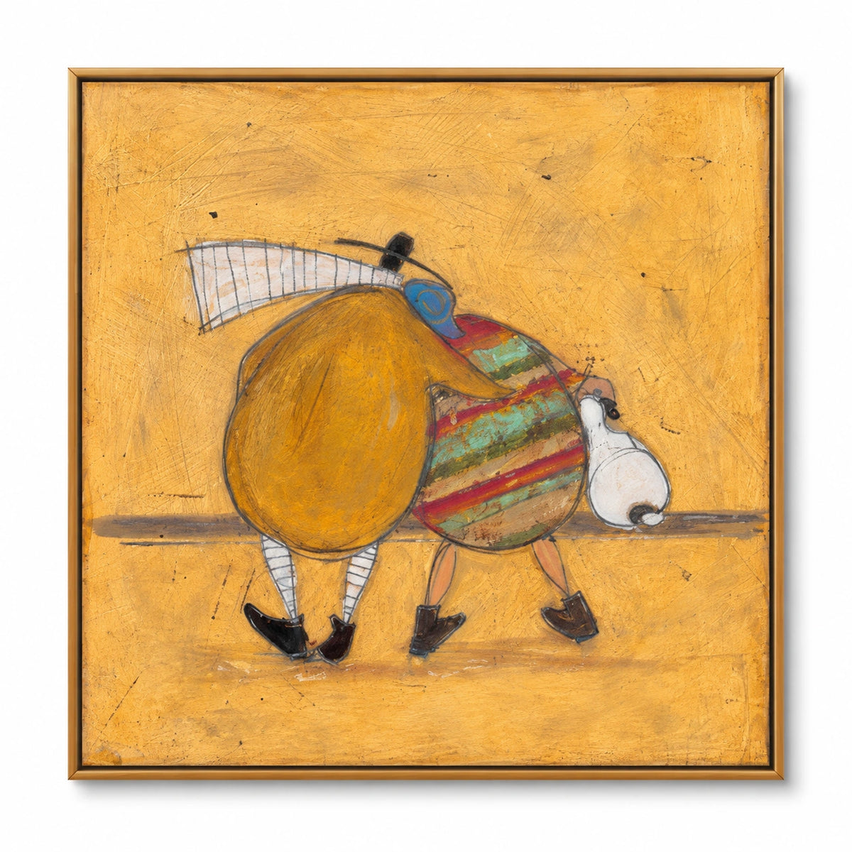 Whimsical Couple and White Dog Oil Painting | Mustard Yellow Figurative Folk Art Square Wall Decor OA 1671
