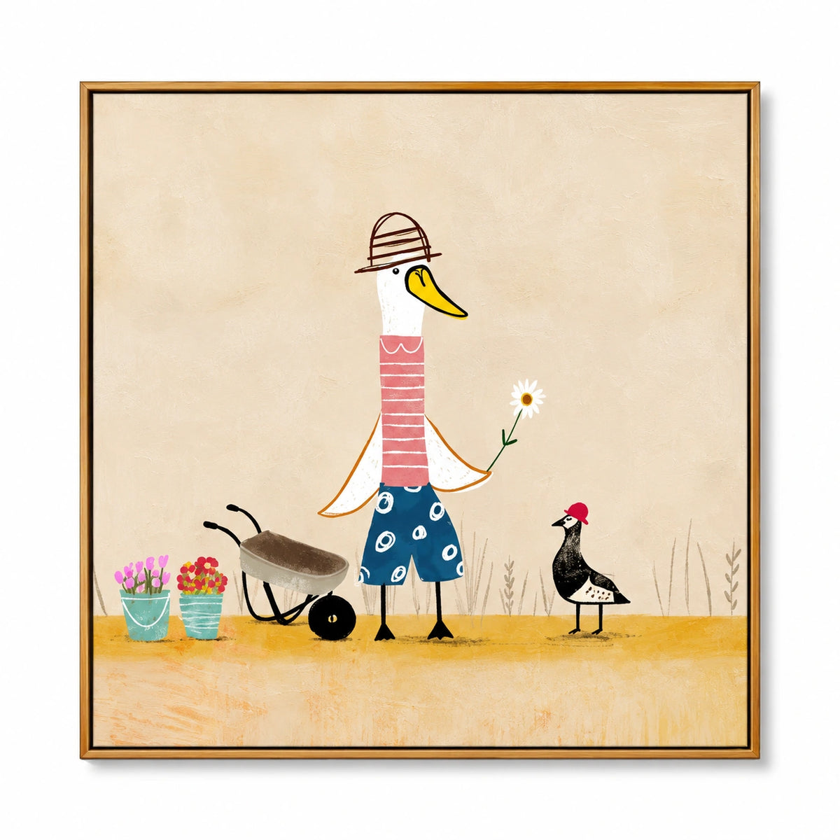 Whimsical Duck Gardener Oil Painting | Bird with Daisy Wheelbarrow and Potted Flowers Square Wall Art #OA 1700