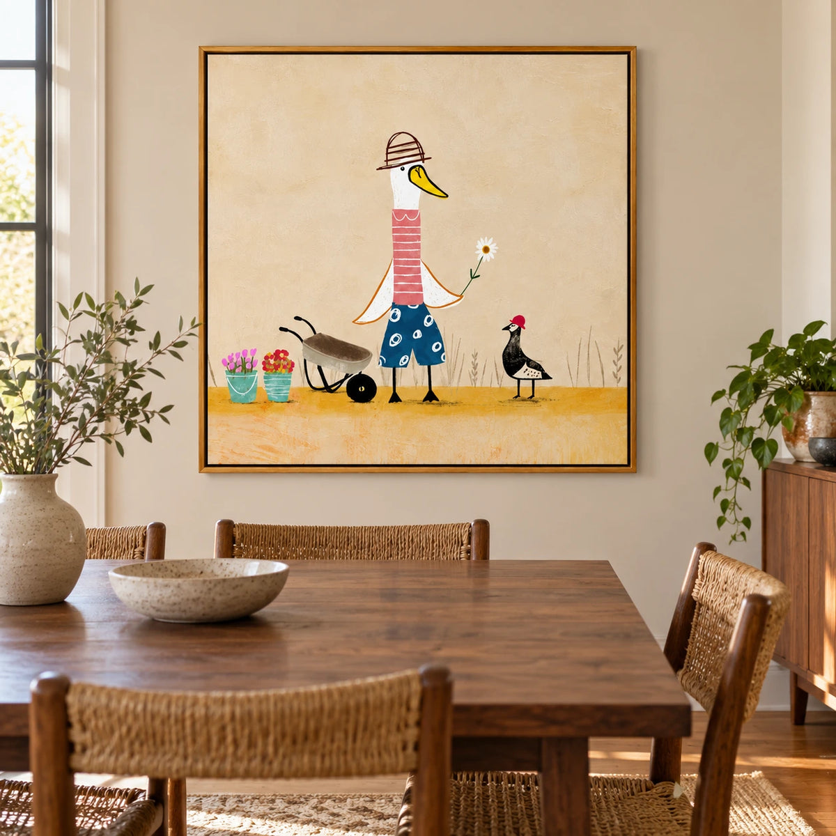 Whimsical Duck Gardener Oil Painting | Bird with Daisy Wheelbarrow and Potted Flowers Square Wall Art #OA 1700