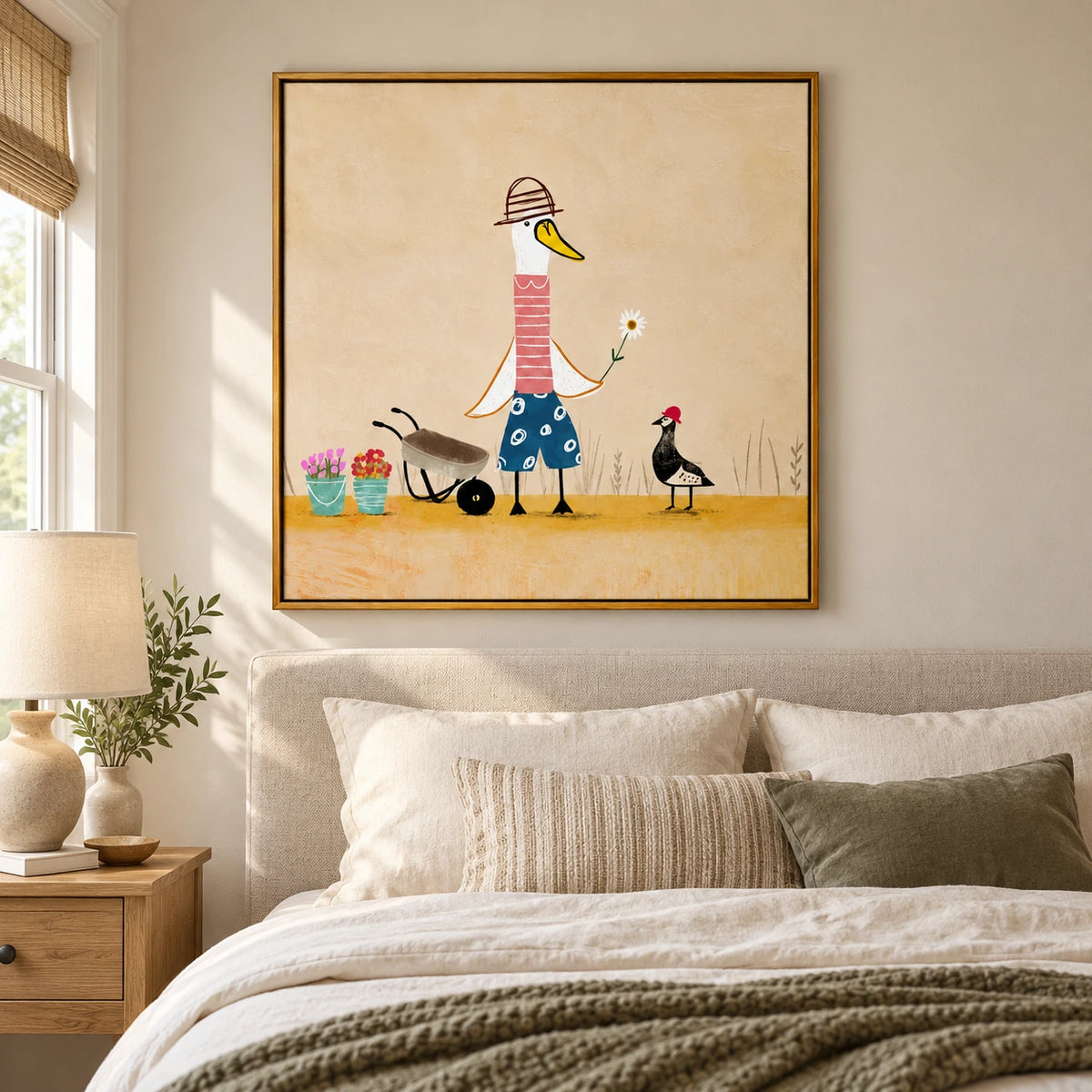 Whimsical Duck Gardener Oil Painting | Bird with Daisy Wheelbarrow and Potted Flowers Square Wall Art #OA 1700