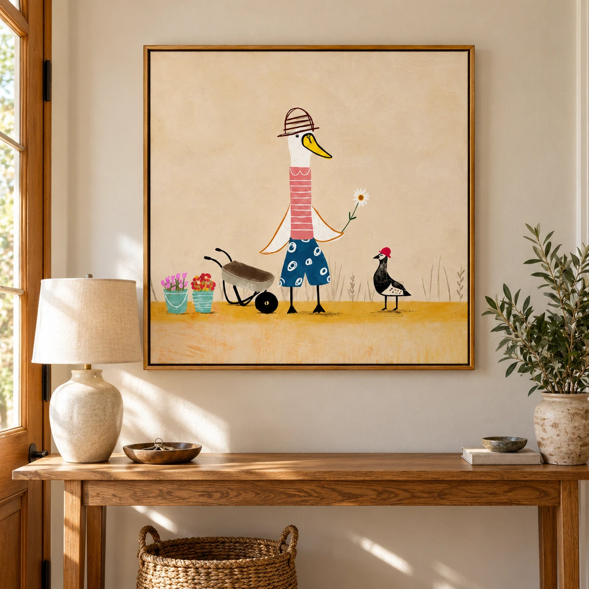 Whimsical Duck Gardener Oil Painting | Bird with Daisy Wheelbarrow and Potted Flowers Square Wall Art #OA 1700
