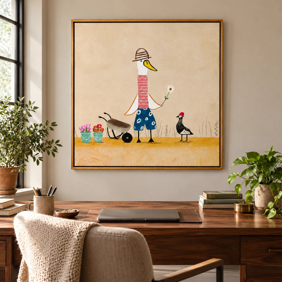 Whimsical Duck Gardener Oil Painting | Bird with Daisy Wheelbarrow and Potted Flowers Square Wall Art #OA 1700
