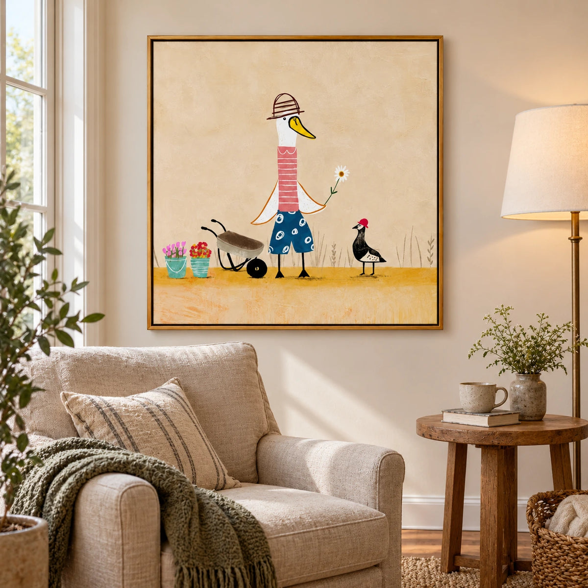 Whimsical Duck Gardener Oil Painting | Bird with Daisy Wheelbarrow and Potted Flowers Square Wall Art #OA 1700