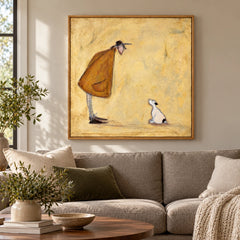 Whimsical Man and Small White Dog Oil Painting | Ochre Coat Pale Yellow Background Square Figurative Folk Wall Art #OA 1733