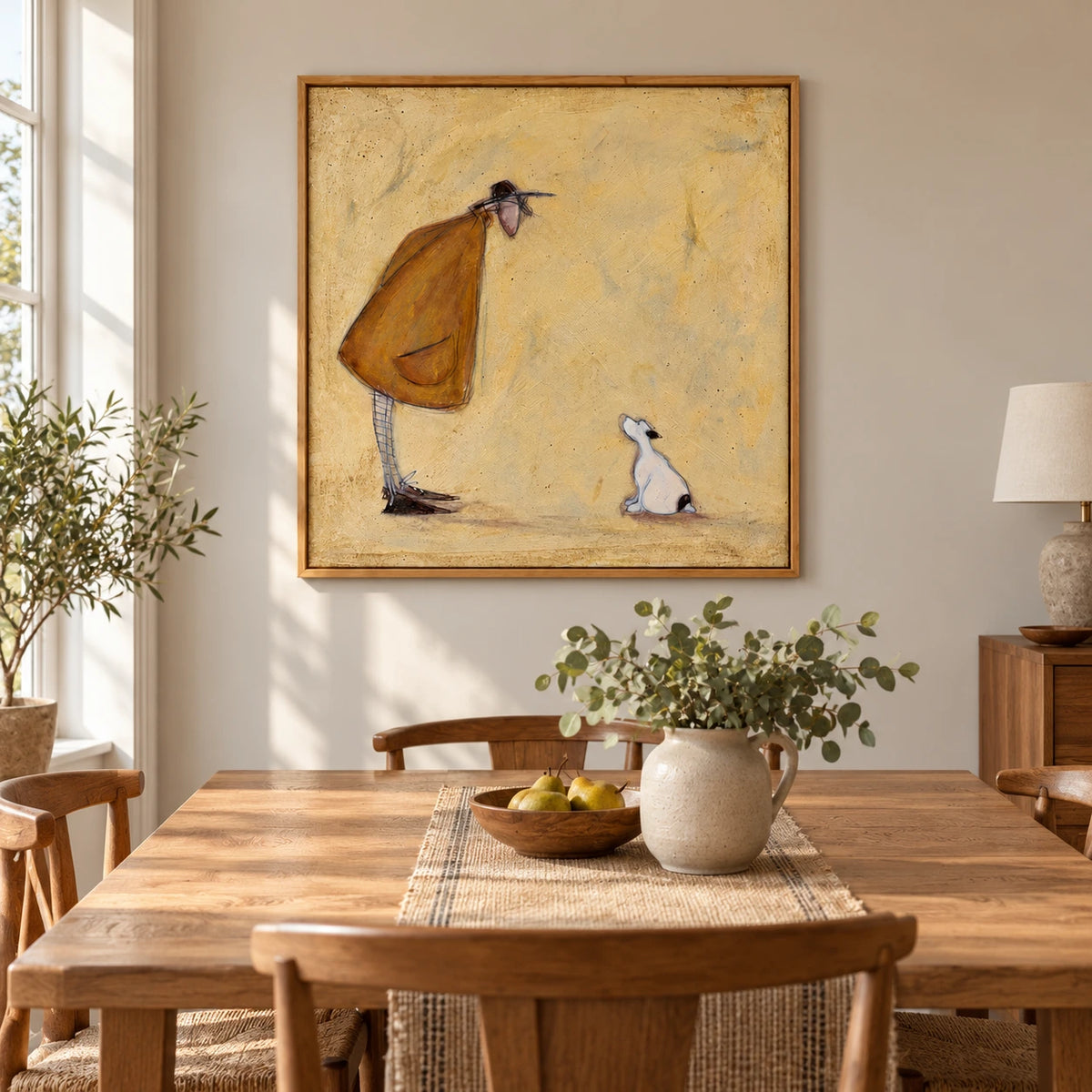 Whimsical Man and Small White Dog Oil Painting | Ochre Coat Pale Yellow Background Square Figurative Folk Wall Art #OA 1733