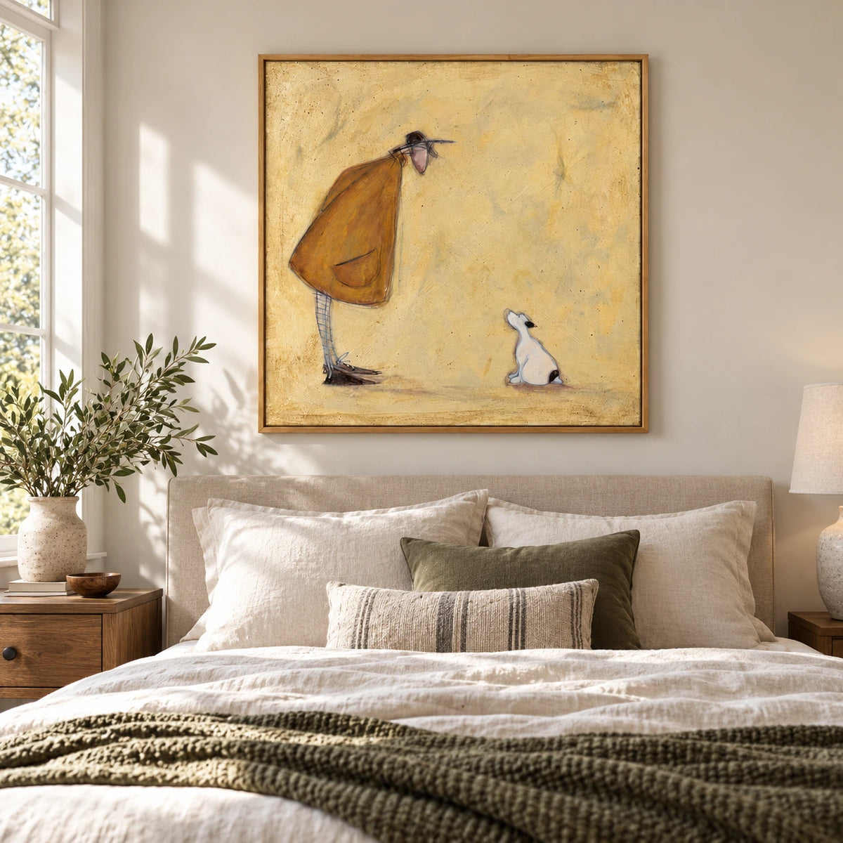 Whimsical Man and Small White Dog Oil Painting | Ochre Coat Pale Yellow Background Square Figurative Folk Wall Art #OA 1733