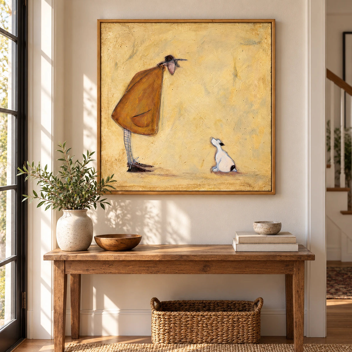 Whimsical Man and Small White Dog Oil Painting | Ochre Coat Pale Yellow Background Square Figurative Folk Wall Art #OA 1733