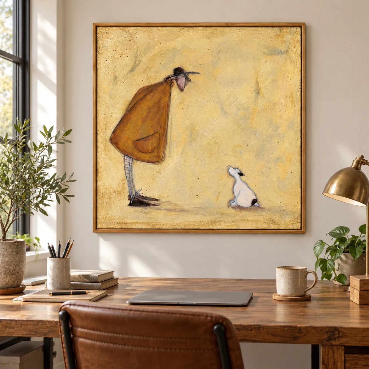 Whimsical Man and Small White Dog Oil Painting | Ochre Coat Pale Yellow Background Square Figurative Folk Wall Art #OA 1733