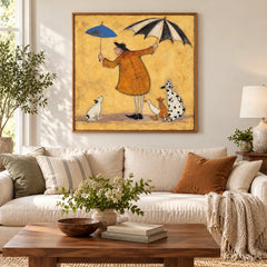Whimsical Man with Two Umbrellas Oil Painting | Dogs Duck and Striped Cat on Yellow Square Figurative Folk Wall Art #OA 1726