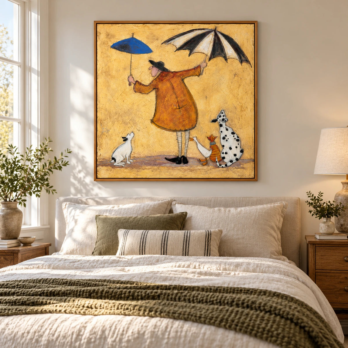 Whimsical Man with Two Umbrellas Oil Painting | Dogs Duck and Striped Cat on Yellow Square Figurative Folk Wall Art #OA 1726