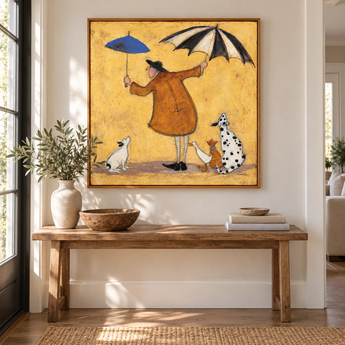 Whimsical Man with Two Umbrellas Oil Painting | Dogs Duck and Striped Cat on Yellow Square Figurative Folk Wall Art #OA 1726
