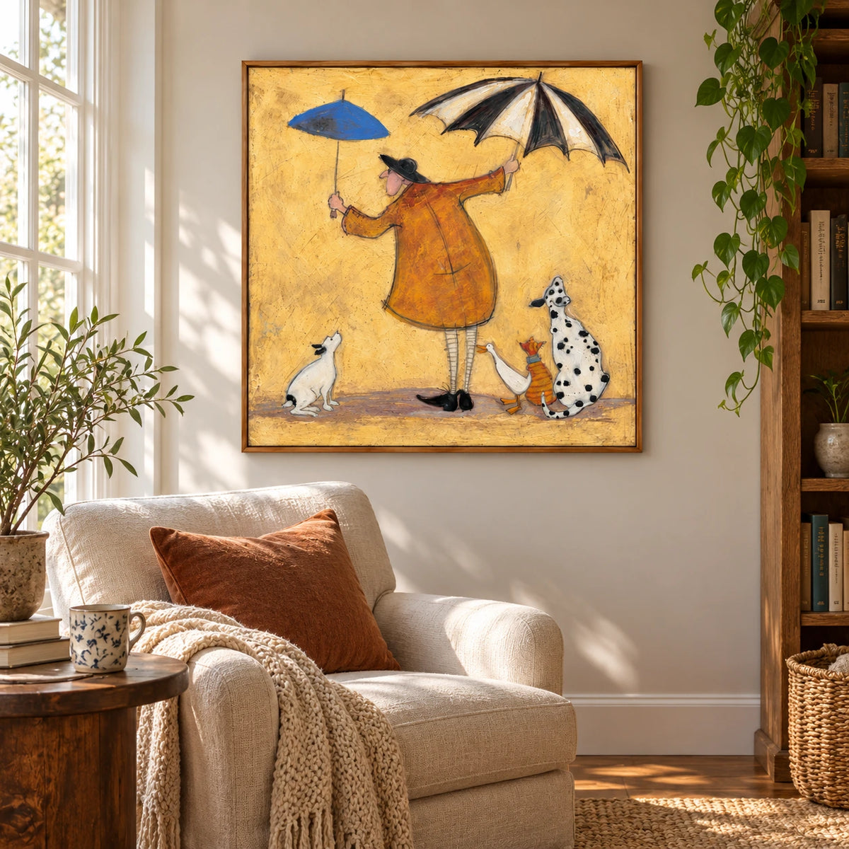 Whimsical Man with Two Umbrellas Oil Painting | Dogs Duck and Striped Cat on Yellow Square Figurative Folk Wall Art #OA 1726